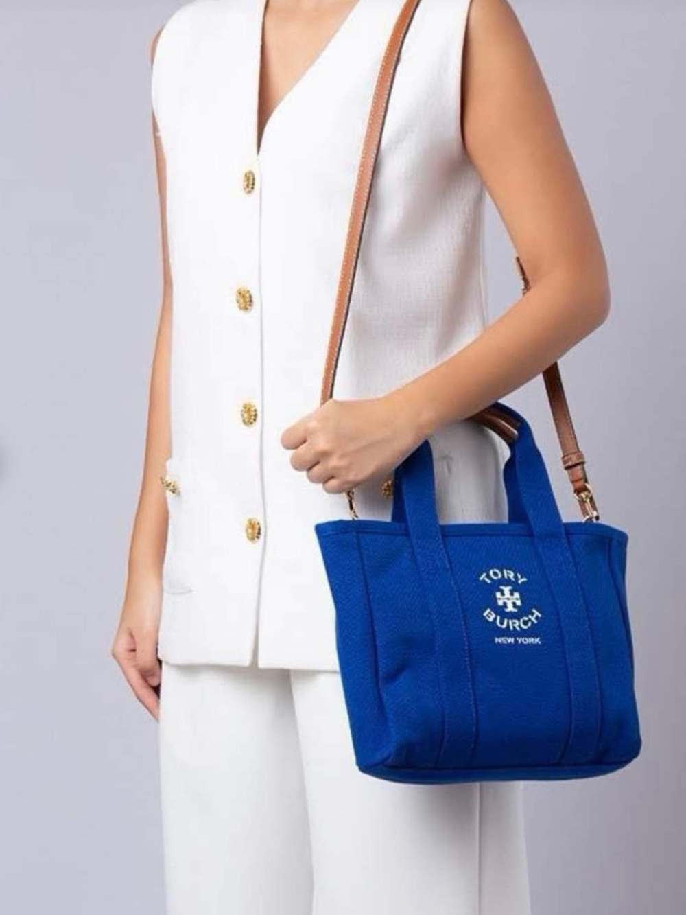 NWT Tory Burch Blue Canvas Small Tote with Leather Strap